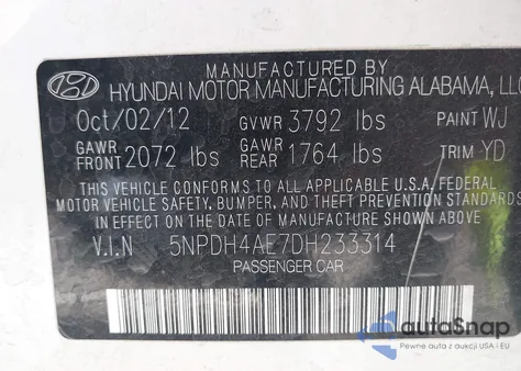 2013 Hyundai Elantra Limited z USA, uszkodzony, nr VIN 5NPDH4AE7DH233314